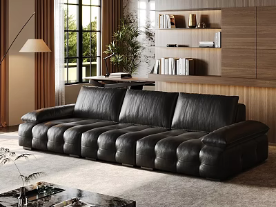 Italian Style Black Leather Sofa And Marble Coffee Table Set For Modern Elegant Living Room 3d model