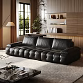 Italian Style Black Leather Sofa And Marble Coffee Table Set For Modern Elegant Living Room