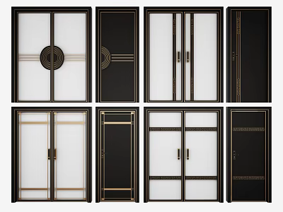 Stylish Sliding Doors With Black Frame Glass Panels And Diverse Decorative Patterns 3d model