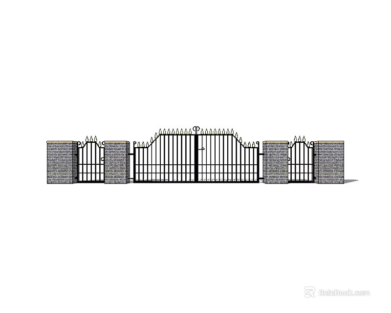Iron Entrance Gate With Brick Pillars And Decorative Ornate Design 3d model 