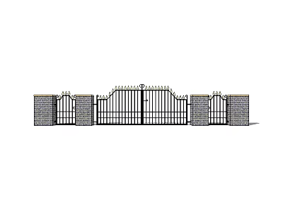 Iron Entrance Gate With Brick Pillars And Decorative Ornate Design 3d model