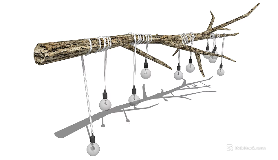 Rustic Tree Branch Chandelier With White Rope And Hanging Glass Bulbs 3d model 