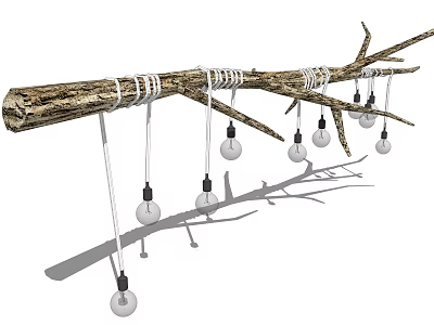Rustic Tree Branch Chandelier With White Rope And Hanging Glass Bulbs 3d model
