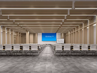 Modern Conference Room Interior With Long Tables Chairs And Large Screen 3d model