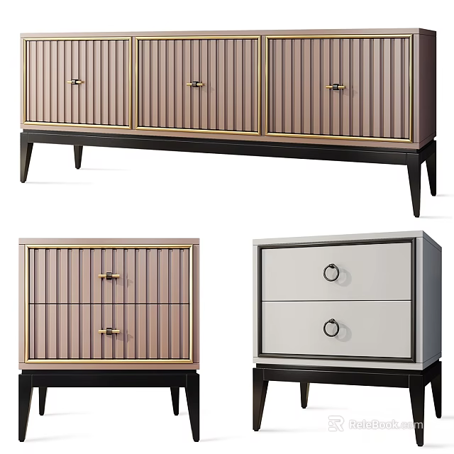 Various Style Storage Cabinets With Striped Panels Gold Handles White Drawers And Black Legs 3d model 