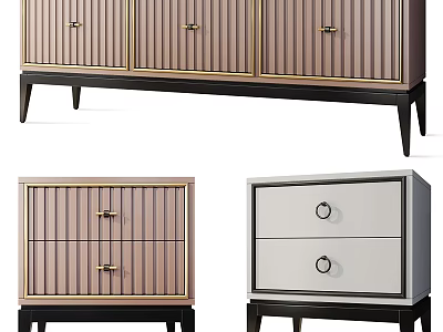 Various Style Storage Cabinets With Striped Panels Gold Handles White Drawers And Black Legs 3d model
