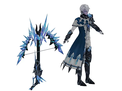Game Character With Silver Hair In Blue White Outfit And Icy Blue Spiked Bow 3d model