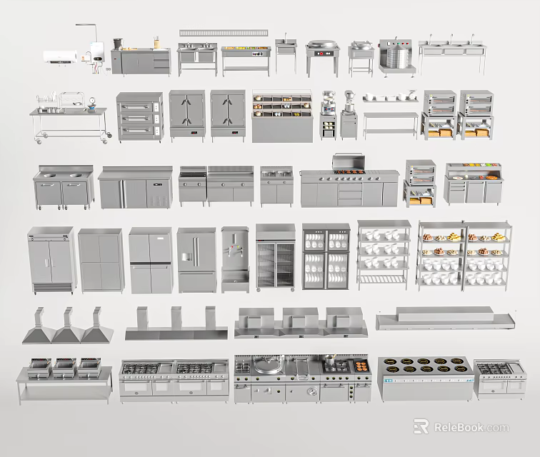 Essential Kitchen Equipment Collection Featuring Cabinets Stoves Refrigerators Range Hoods And Sinks 3d model