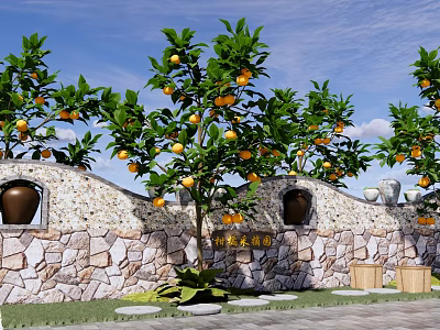 Natural Stone Landscape Wall with Clay Pots Orange Trees Bearing Fruits and Blue Sky 3d model