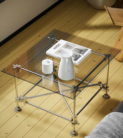 Modern Glass Top Coffee Table with Metal Frame Wheels White Kettle Tissue Holder Magazine 3d model