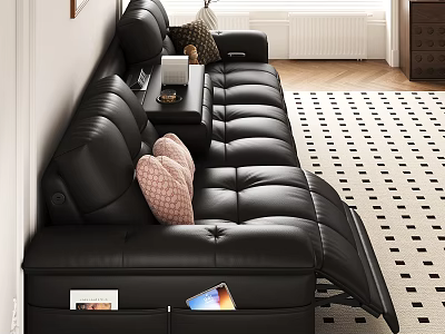 Modern Black Leather Sectional Sofa With Reclining Seats Storage Pillows And Side Table 3d model