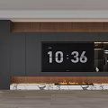 Modern TV Background Wall with Wooden Panels Dark Cabinets Marble Base and Fireplace