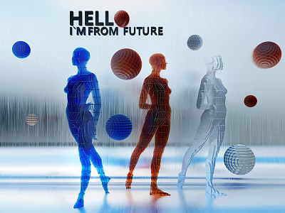 Futuristic Female Models with Colorful Tech Spheres in Digital Rainy Background 3d model