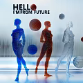 Futuristic Female Models with Colorful Tech Spheres in Digital Rainy Background