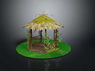 Wooden Garden Gazebo with Thatched Roof Green Moss and Vines on Grass 3d model