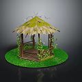 Wooden Garden Gazebo with Thatched Roof Green Moss and Vines on Grass