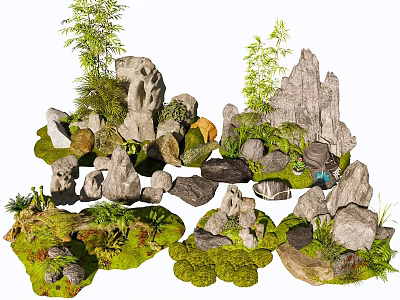Natural Plant Combination With Stones Moss And Bamboo For Garden Landscaping Design 3d model
