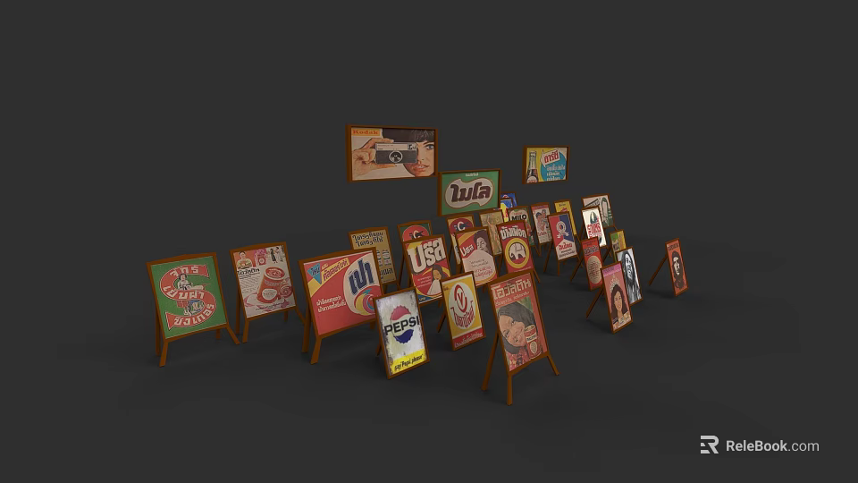 Colorful Wooden Display Stands Showcasing Various Daily Essentials and Brand Posters 3d model 
