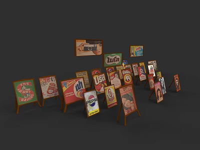 Colorful Wooden Display Stands Showcasing Various Daily Essentials and Brand Posters 3d model