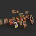 Colorful Wooden Display Stands Showcasing Various Daily Essentials and Brand Posters