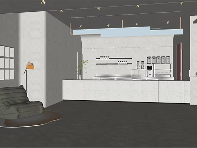 Modern Bubble Tea Shop Interior With Counter Sofa And Lighting Equipment 3d model