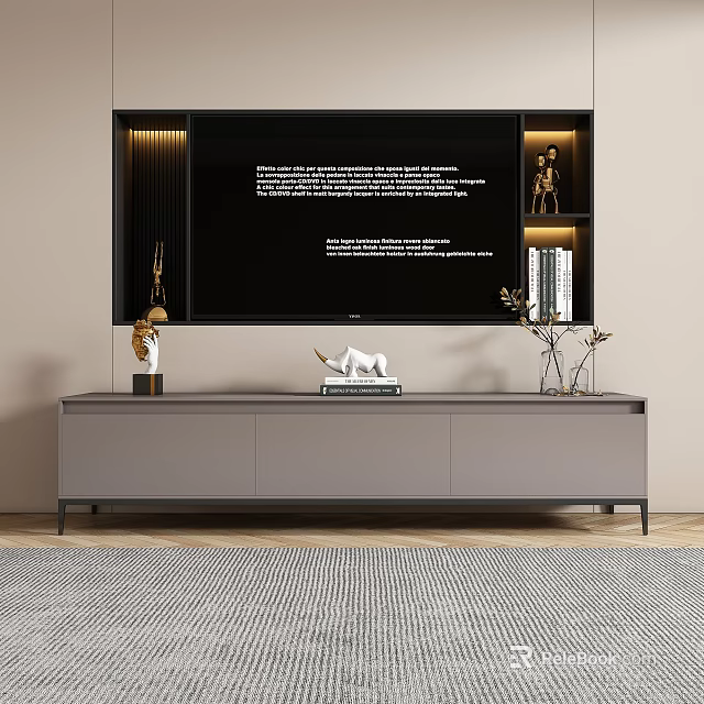 Modern Light Gray TV Stand With Decorative Sculptures Books Plants And Backlit Wall Design 3d model 