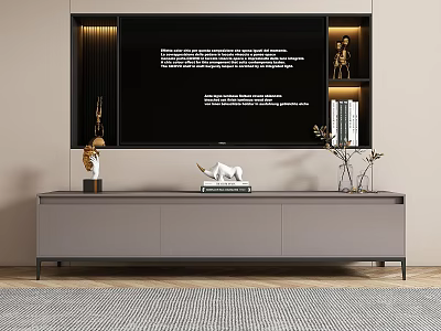 Modern Light Gray TV Stand With Decorative Sculptures Books Plants And Backlit Wall Design 3d model
