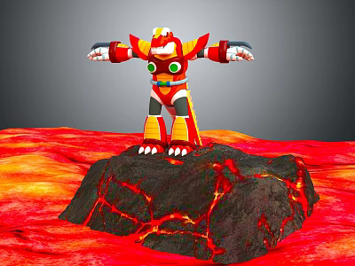 Animated Game Movie Character Red Yellow Robot Standing On Volcano With Magma 3d model