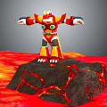 Animated Game Movie Character Red Yellow Robot Standing On Volcano With Magma