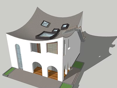 Detached Villa With White Exterior Curved Roof Skylights Arched Windows Entry Steps And Green Lawn 3d model