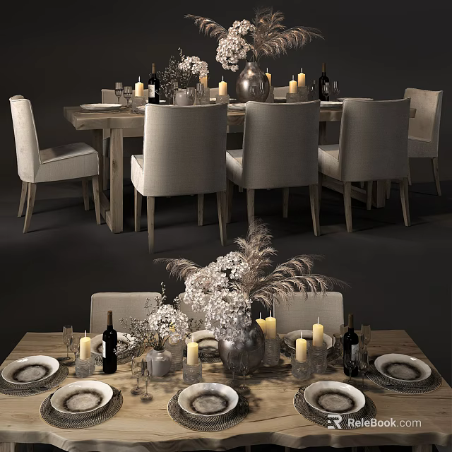 Elegant Wooden Dining Table Set With Upholstered Chairs Candles Floral Centerpiece Wine Glasses And Tableware 3d model 