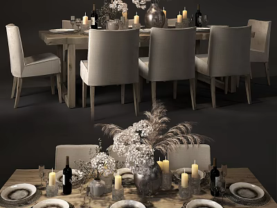 Elegant Wooden Dining Table Set With Upholstered Chairs Candles Floral Centerpiece Wine Glasses And Tableware 3d model