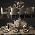 Elegant Wooden Dining Table Set With Upholstered Chairs Candles Floral Centerpiece Wine Glasses And Tableware