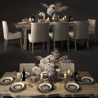 Elegant Wooden Dining Table Set With Upholstered Chairs Candles Floral Centerpiece Wine Glasses And Tableware 3d model