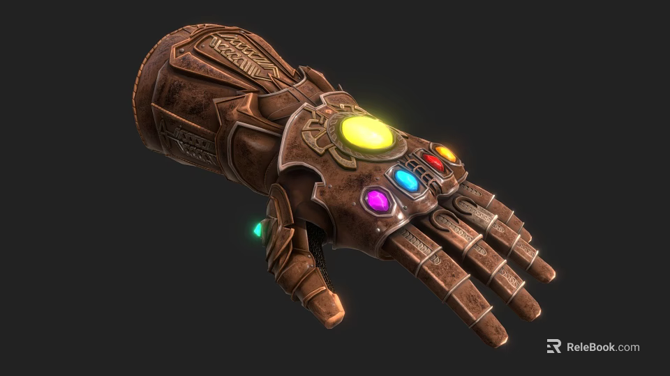 Intricate Bronze Gauntlet With Glowing Multicolored Gems And Ornate Metal Carvings 3d model 