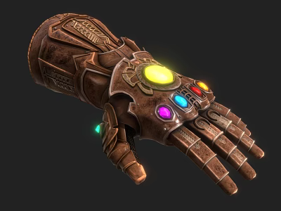 Intricate Bronze Gauntlet With Glowing Multicolored Gems And Ornate Metal Carvings 3d model