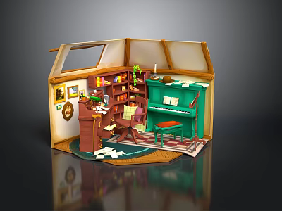 Miniature Room Interior With Wooden Desk Bookshelf Green Piano And Rug 3d model