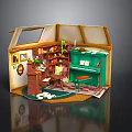 Miniature Room Interior With Wooden Desk Bookshelf Green Piano And Rug