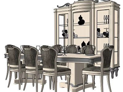 Elegant Dining Table Set With Upholstered Chairs And Glass Fronted Display Cabinet 3d model