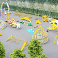 Outdoor Playground Equipment With Yellow Slide Climbing Structures Maze Swings And Trees
