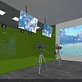 Public Office Space With Green Backdrop Hanging Screens Tripod Cameras Large Screen Showing Outdoor Scene