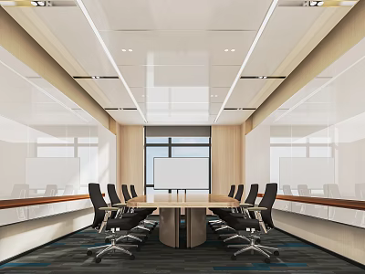 Modern Conference Room Interior Design With Long Table Black Office Chairs And Whiteboard 3d model