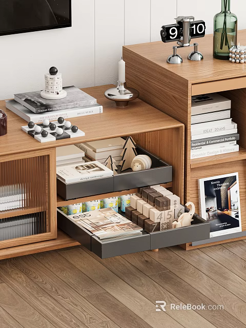 Warm Living Room Interior With Wooden Shelf Storage Drawers Books And Decorative Items 3d model 