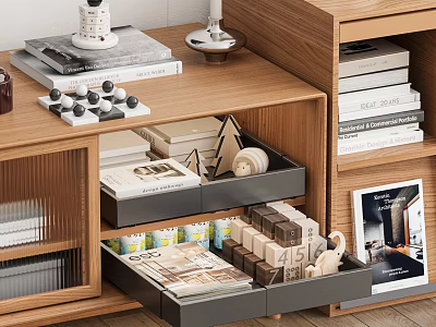 Warm Living Room Interior With Wooden Shelf Storage Drawers Books And Decorative Items 3d model