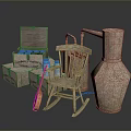 Rustic Scene With Vintage Wooden Crates Rocking Chair And Distillation Still
