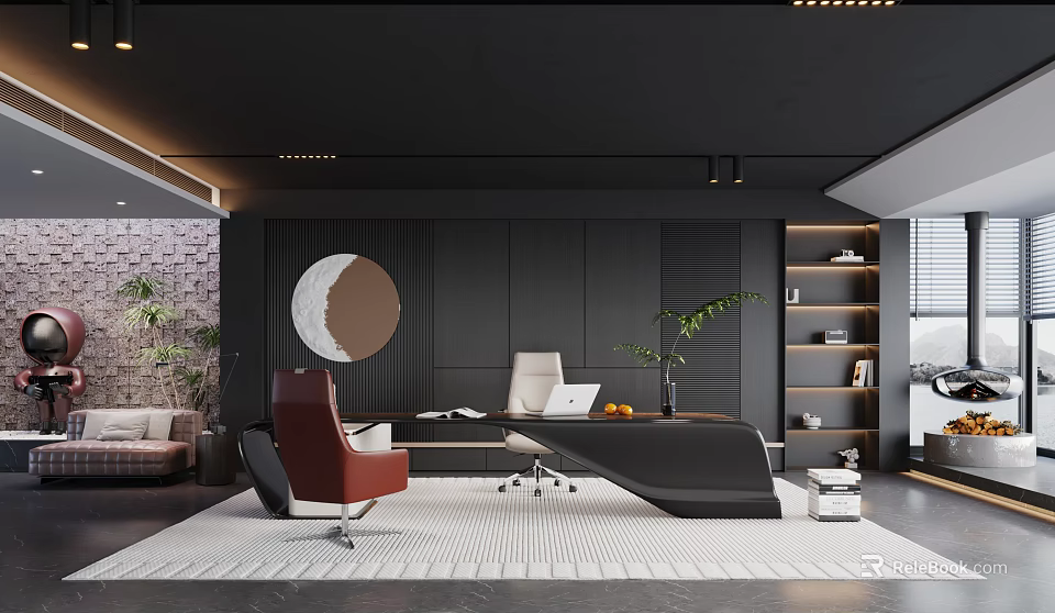 Modern Office Interior Design Featuring Black Walls Circular Decor Desk Office Chair And Plants 3d model 