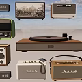 Vintage Electronic Devices Including Radios Turntables And Marshall Speakers