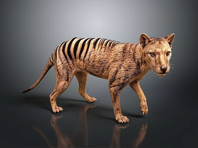 Thylacine 3D Model With Brown Body And Black Stripes Standing On Dark Background With Reflection 3d model
