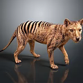Thylacine 3D Model With Brown Body And Black Stripes Standing On Dark Background With Reflection