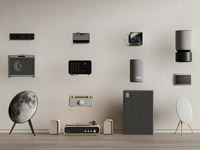 Stylish Audio Speakers Collection Featuring Wall Mounted Radios Smart Speakers And Turntable 3d model